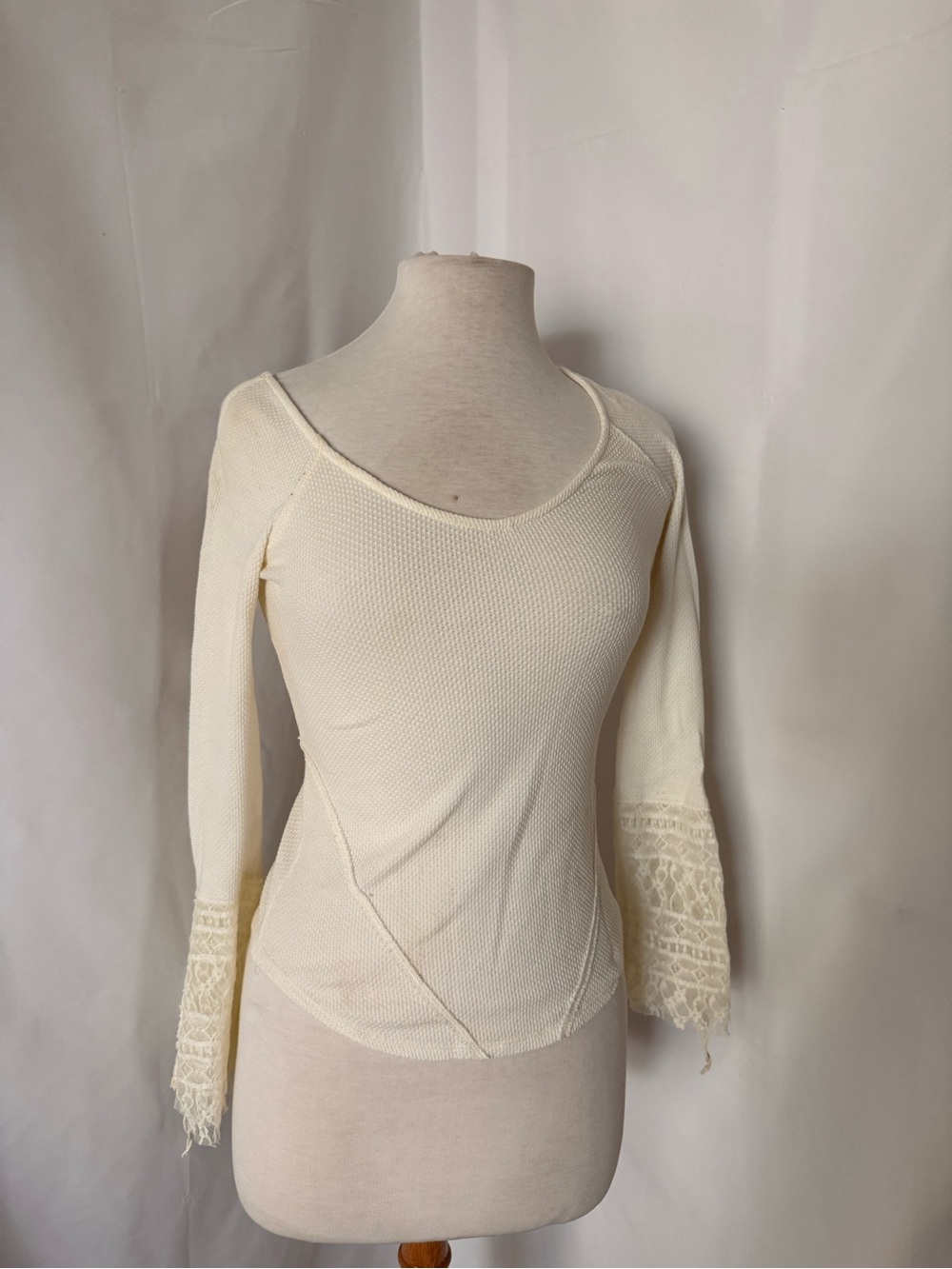 Free People Cream Knit Scoop Neck Top with Lace Bell Sleeves